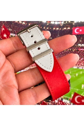 Goldoni Apple Watch Uyumlu Kırmızı Beyaz İnce Hakiki Deri Taraftar Kordonu Metal Köprülü