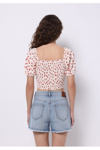 Colins Slim Fit Kare Yaka Baskılı Kadın Ekru Balon Kol Tişört Cl1074581 Q1.v1 Ecr Ekru