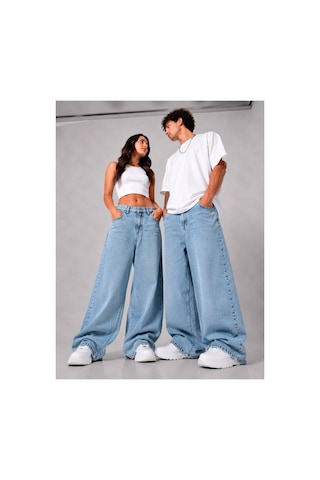 Kar Yıkama Unisex Baggy Jean Pantolon Mavi