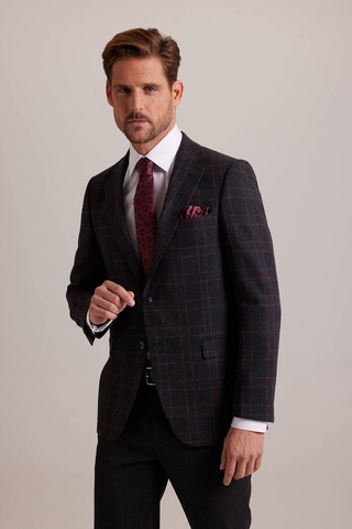 Erkek Füme Kışlık Yünlü Regular Fit Ekose Desenli Tek Ceket 001