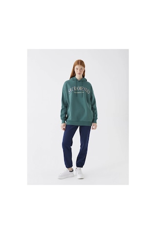 LC Waikiki Baskılı Uzun Kollu Oversize Kadın Hoodie Yeşil