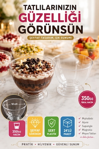 24'lü 350 Cc Şeffaf Sert Plastik Tatlı Kasesi Kullan At Parti Davet Aşure Muhallebi Sunum Kase Seti