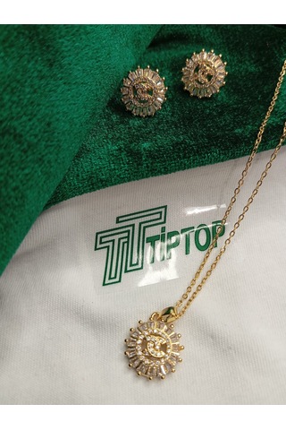 Tiptop/ Gold Renk Zirkon Taşlı Güneş Model Kolye Ve Küpe Set Gold
