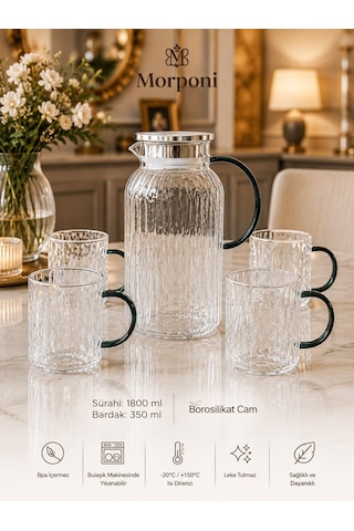 Qerhome Borosilikat Cam Sürahi Ve 4 Adet Kulplu Bardak Takımı 1800 Ml Metal Kapaklı Isıya Dayanıklı