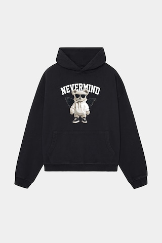 Nevermind Trendy Oversize Beyaz Kapüşonlu Sweatshirt Koleksiyon Siyah