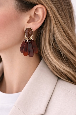 Amber Damla Taşlı Gold Detaylı Sallantılı Küpe Bohem Şık Tasarım Bordo
