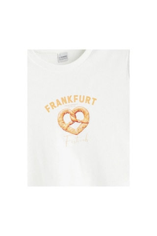 LC Waikiki Lcw Kids Ekru Bisiklet Yaka Frankfurt Baskılı Kız Çocuk Crop Tişört Ecru