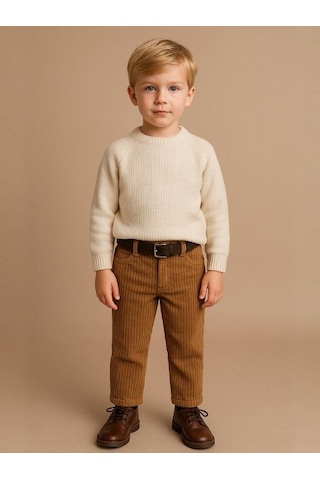 Zekids Erkek Çocuk Fitilli Kadife Kemerli Pantolon-16329 Kahverengi