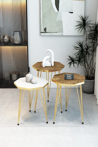 3'lü Sekizgen Zigon Sehpa Seti - Gold Metal Ayaklı, Modern & Şık Yan Sehpa, Dayanıklı Salon Ofis Beyaz Atlantik Çam