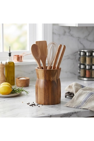 Doğal Akasya Ahşap Tezgah Üstü Kaşıklık, 9.5x13 Cm Çok Amaçlı Düzenleyici Organizer, Minimalist Mutfak Gereçleri Kutusu Açık Ahşap