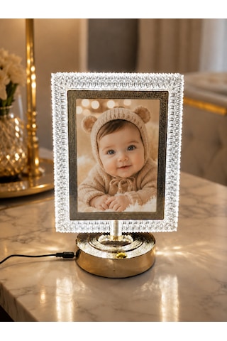 Kişiye Özel Fotoğraflı Kristal Dikdörtgen Çerçeveli Led Masa Lambası-gold Tabanlı 13x18 Cm Dekoratif Hediye