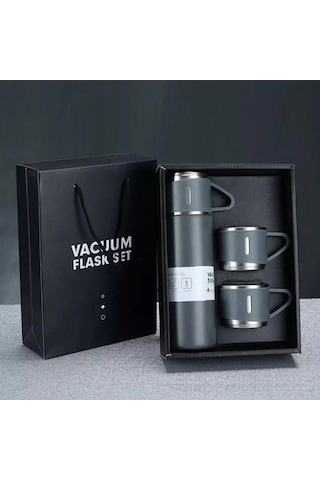 Vacuum Paslanmaz Çelik 3 Bardaklı Vakumlu Termos Set Gri 500 ML Gri