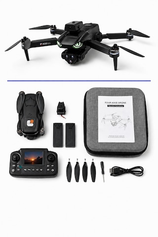 R08 Ekranlı Kumandalı Katlanabilir Drone Hd Çift Kameralı 4 Yönlü Engel Algılama 30 M Uçuş Yüksekliği Hafıza Kartı Destekliere2e