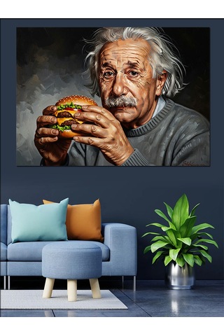 Hamburger Yiyen Bilim İnsanı Einstein Dekoratif Kanvas - Mdf Ahşap Tablo