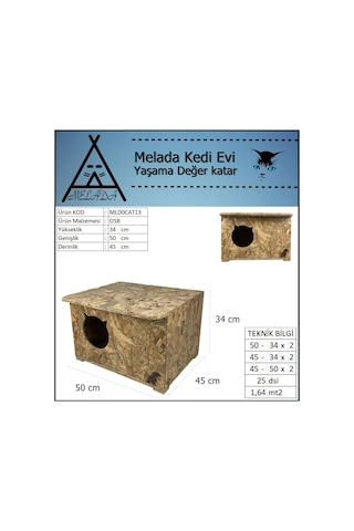 Melada Kedi Evi Dış Ortam Uygun Ahşap Kedi Evi Osb 50x45x34 Cm