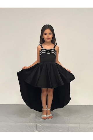 Kız Çocuk Abiye Siyah Saten Kuyruklu Yaka Şerit Taşlı Abiye Elbise 5-10 Yaşyaş Siyah