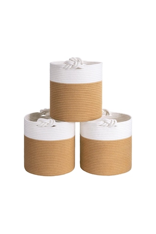 Mavaux Chang Örgü Saplı 3'lü Saplı Sepet, Düzenleyici 3'lü Sepet, Hasır Dokuma Sepet 30cm X 30cm Jütbeyaz