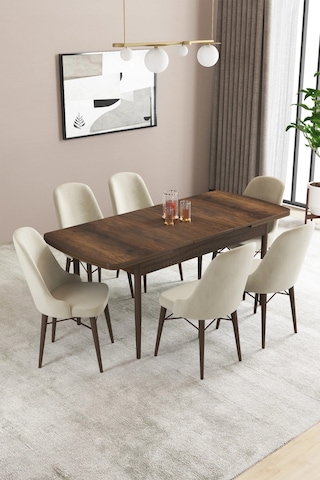 Familieconcept Almira Serisi, Barok Ahşap Desen 80x132 Açılabilir Mdf Mutfak Masası Takımı 6 Adet Sandalye Krem