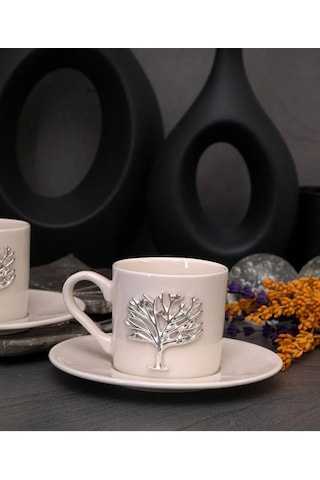 6 Kişilik 12 Parça Porselen Hayat Ağacı Gümüş Kahve Fincan Takımı