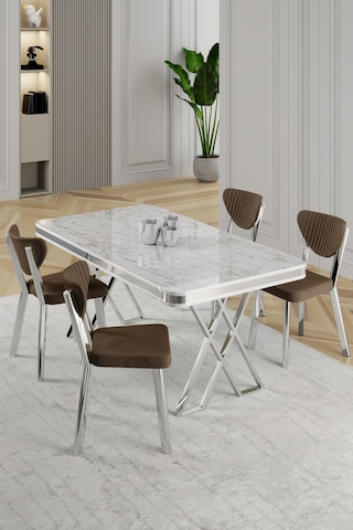 Raja Serisi 80x130 Lak Panel Beyaz Mermer Desen Masa Takımı Krom Ayaklı 4 Sandalye Beyaz Mermer Masa Kahve Sandalye