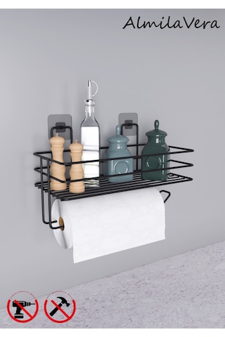 Vidalı Raflı Kağıt Rulo Havluluk Peçetelik Siyah Banyo Mutfak Düzenleyici Raf Siyah