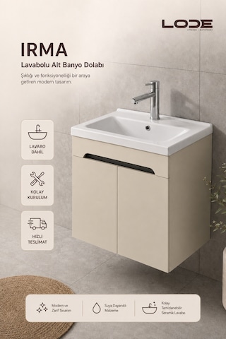 Lode Bath Irma Lavabolu Alt Banyo Dolabı, Kapaklı Banyo Alt Dolabı,seramik Lavabo Dahil 60 Cm Kumtaşı