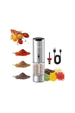 Motion003 Hk008r 2 Tekli Veya Çift Paket Gümüş Kaplamalı Paslanmaz Çelik Şarj Edilebilir Elektrikli Biber Değirmeni İnceltme Ayarı Değişken Hız Öğütme Saklama Tabanı Beyaz Led Işık Ahşap