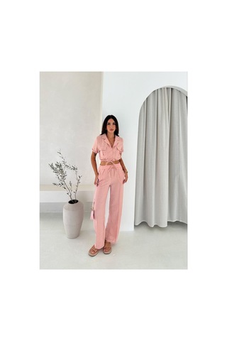 Wellway İthal Keten Kumaş İplik Detaylı Crop Gömlek & Pantolon İkili Takım -pembe Pembe