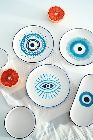 Kevin Seramik Nazar Boncuklu Hand Made 14 Parça 6 Kişilik Lüks Kahvaltılık Sunum Tabağı Seti