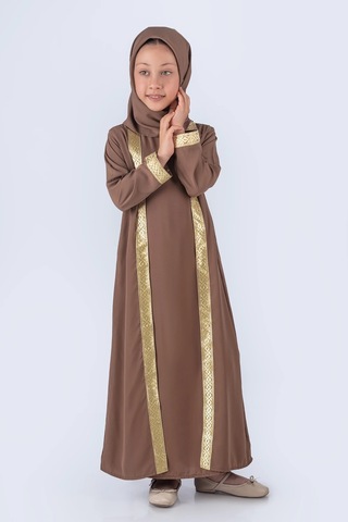 Eşarplı Ferace Medine İpek Kumaş Kız Çocuk Kahverengi