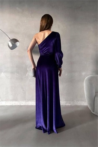 Lior Design Kadın Şık Detay Esnek Kadife Kumaş Tek Omuz Abiye Elbise Mor