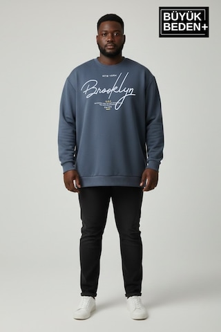 Süperlife Erkek Büyük Beden El Yazılı Brooklyn Baskılı Bisiklet Yaka İnce Sweatshirt Spr26bsw956-6 Indigo