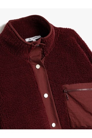 Koton Oversize Çıtçıt Düğmeli Cep Detaylı Peluş Sweatshirt Bordo 5wal10859ık Bordo