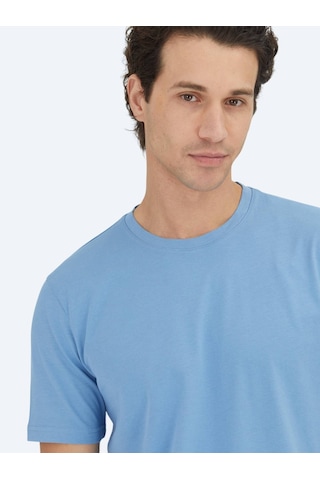 Kip Mavi Düz Bisiklet Yaka %100 Pamuk T-shirt Mavi