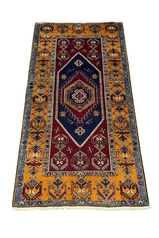 El Dokuması Yahyalı Halısı 107x200 Kök Boyası Safran Sarısı Kırmızı %100 Yün Halı