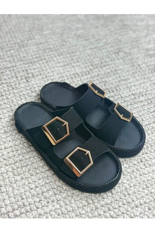 Asmi Shoes Kadın Eleni Siyah Süet Çift Tokalı Rahat Taban Terlik