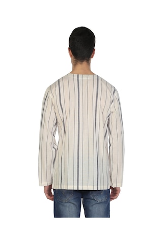 Eliş Şile Bezi Büyük Beden Uzun Kol Şile Bezi Bisiklet Yaka Yazlık Tshirt Ekru Gri Çizgili 3028-Ekru Gri Çizgili Ekru - Gri