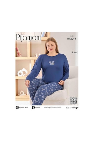 Pijamoni Kadın Sofya Büyük Beden Bisiklet Yaka Uzun Kol İnce Pijama Takımı 8720/4- 1 Adet Mavi