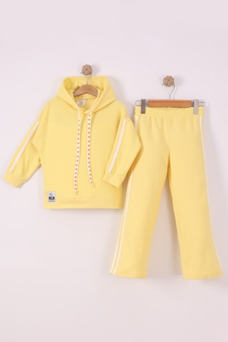 Monox Kız Çocuk Çiçek Baskılı İpli Şeritli Pantolon Fitilli Polar Takım Sarı