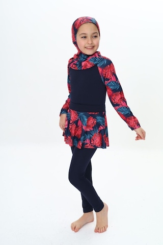 My Kids Wear Üç Parça Kız Çocuk Haşema, Tesettür, Etekli, Kapalı Mayo Kırmızı - Lacivert