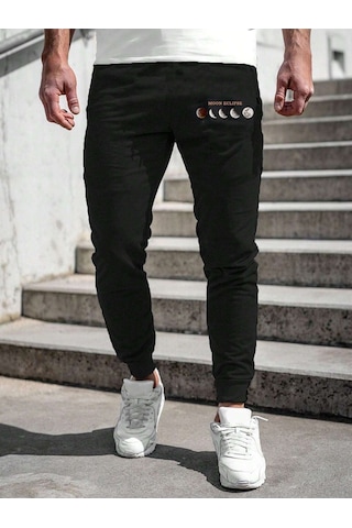 Moon Eclipse Eşofman Altı Jogger - Siyah Baskılı Lastik Paça Yüksel Bel Siyah
