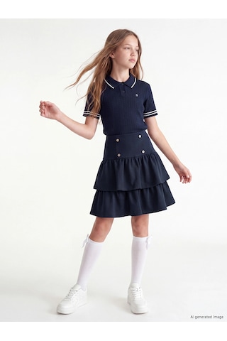 LC Waikiki Lcw Kids Lacivert Kız Çocuk Düğme Detaylı Katkat Etek Dark Navy