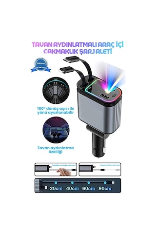 Led Işık Tavan Aydınlatmalı 66w 4 1 Çift Kablolu Hızlı Şarj 3.4a Araç İçi Çakmaklık Şarj Aleti