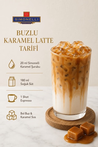Simonelli Karamel Aromalı Kahve ve Kokteyl Şurubu 700 ML + Şurup Pompası - Latte Frappe Soğuk Sıcak Kahve ve Tatlı Şurubu