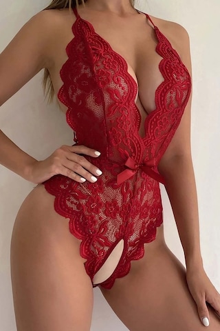 Merry See Dantel Özel Bölgesi Açık Fantezi İç Giyim Kırmızı