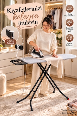 Perilla Alsu Lüx Ütü Masası – Isıya Dayanıklı Kumaş, Buhar Geçirici Geniş Perfore Tablalı Standart Ütü Masası 38*120 cm