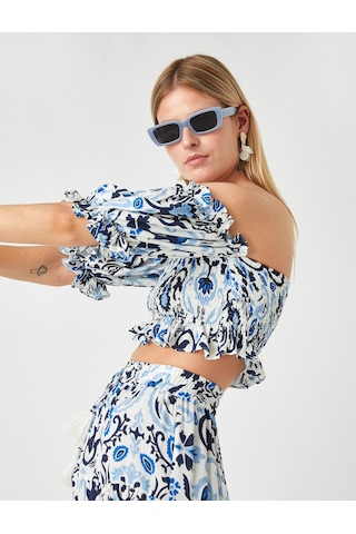 Koton Straplez Crop Bluz Mavi Desenli 2sak30143ew 2SAK30143EW03V