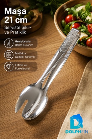 21 Cm Çelik Salata Servis Maşası Kaşık Ve Çatal Uçlu Sunum Maşası Gümüş
