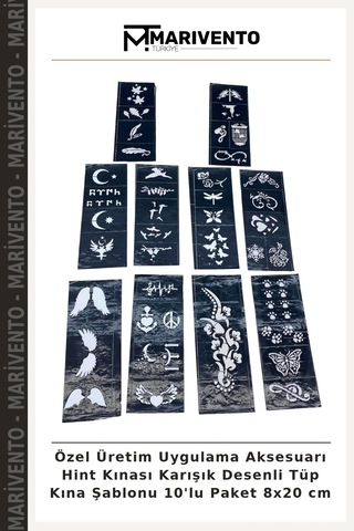 Özel Üretim Uygulama Aksesuarı Hint Kınası Karışık Desenli Tüp Kına Şablonu 10'lu Paket 8x20 Cm