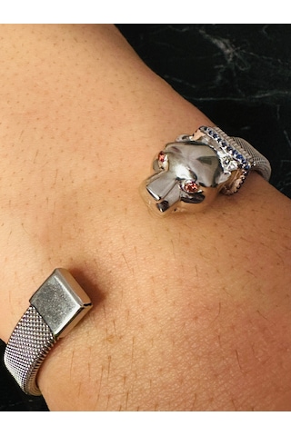 Erkek Kaplan Başlı Gümüş Bileklik Garnet Gözlü Safir Detaylı Çeli